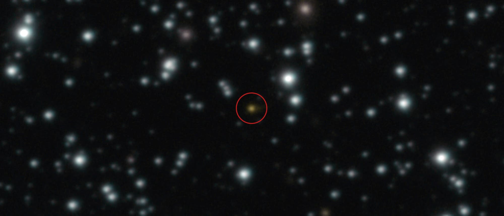 Ein astronomisches Bild zeigt einen Sternenhimmel mit zahlreichen leuchtenden Punkten vor einem dunklen Hintergrund. Ein Objekt in der Mitte ist rot eingekreist, um es hervorzuheben.