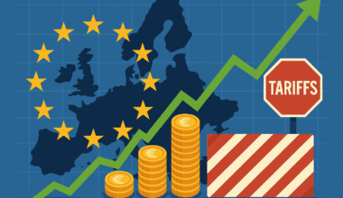 Illustration of a rising graph over Europe map, euro coins, EU stars, a "Tariffs" stop sign, and a barrier, symbolizing economic growth and trade issues.