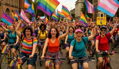 Viele bunt gekleidete Menschen mit Regenbogen-Fahnen auf Fahrrädern (KI-generiert)