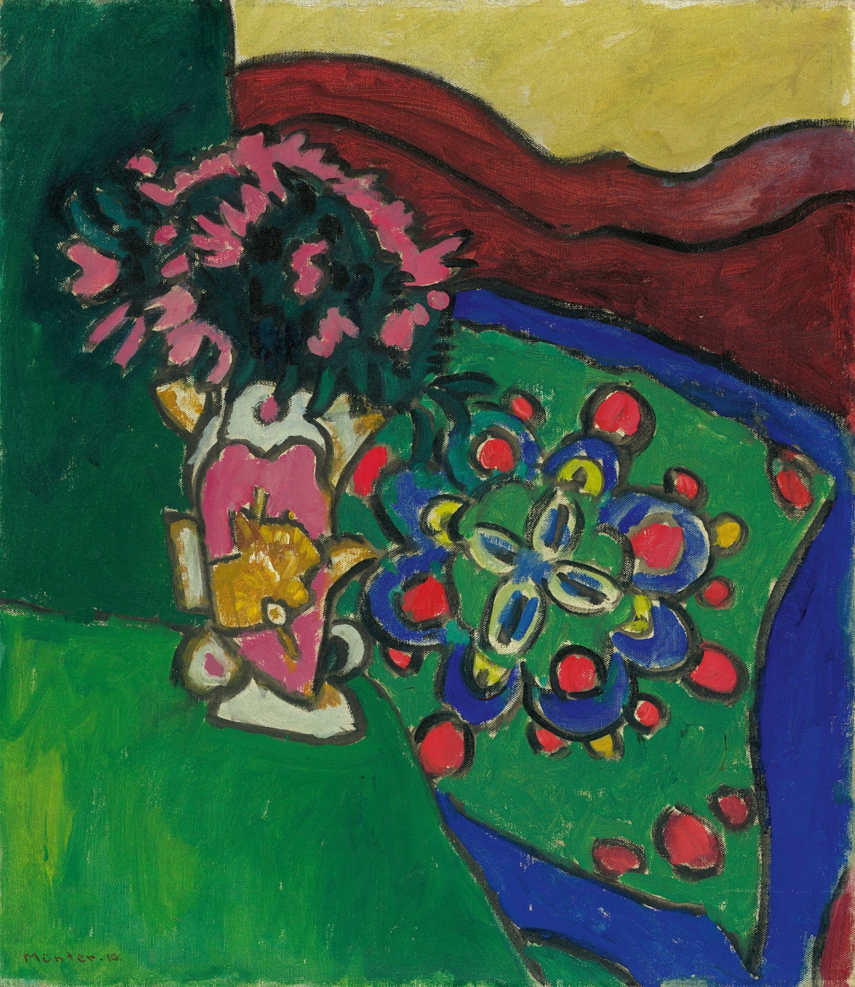 Fügt sich gut in die Wiesbadener Sammlung: Gabriele Münter, „Blumenstillleben mit Sofa und Kissen“, 1910