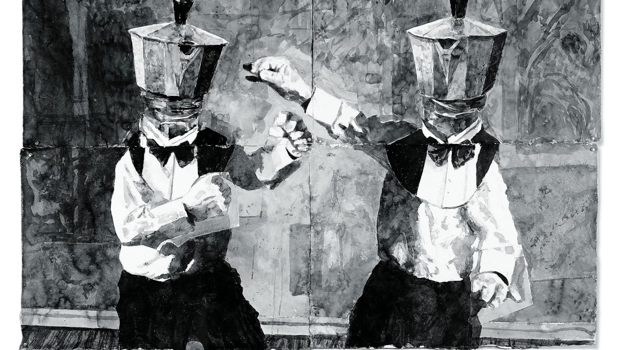 Gespräch zweier streitbarer Kaffeekannen:  „I Look in the Mirror, I Know What I Need“ von William Kentridge,  2023.  Tusche und Buntstift auf Papier