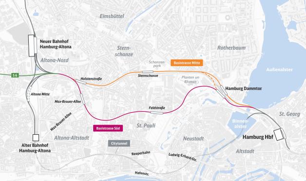 Der Verbindungsbahn-Entlastungstunnel für S-Bahnen soll den Hauptbahnhof mit dem Bahnhof Altona verbinden: entweder auf einer nördlichen Route über Sternschanze, oder südlich über Feldstraße.  