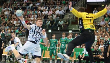 Lukas Laube wirft Siebenmeter des THW Kiel