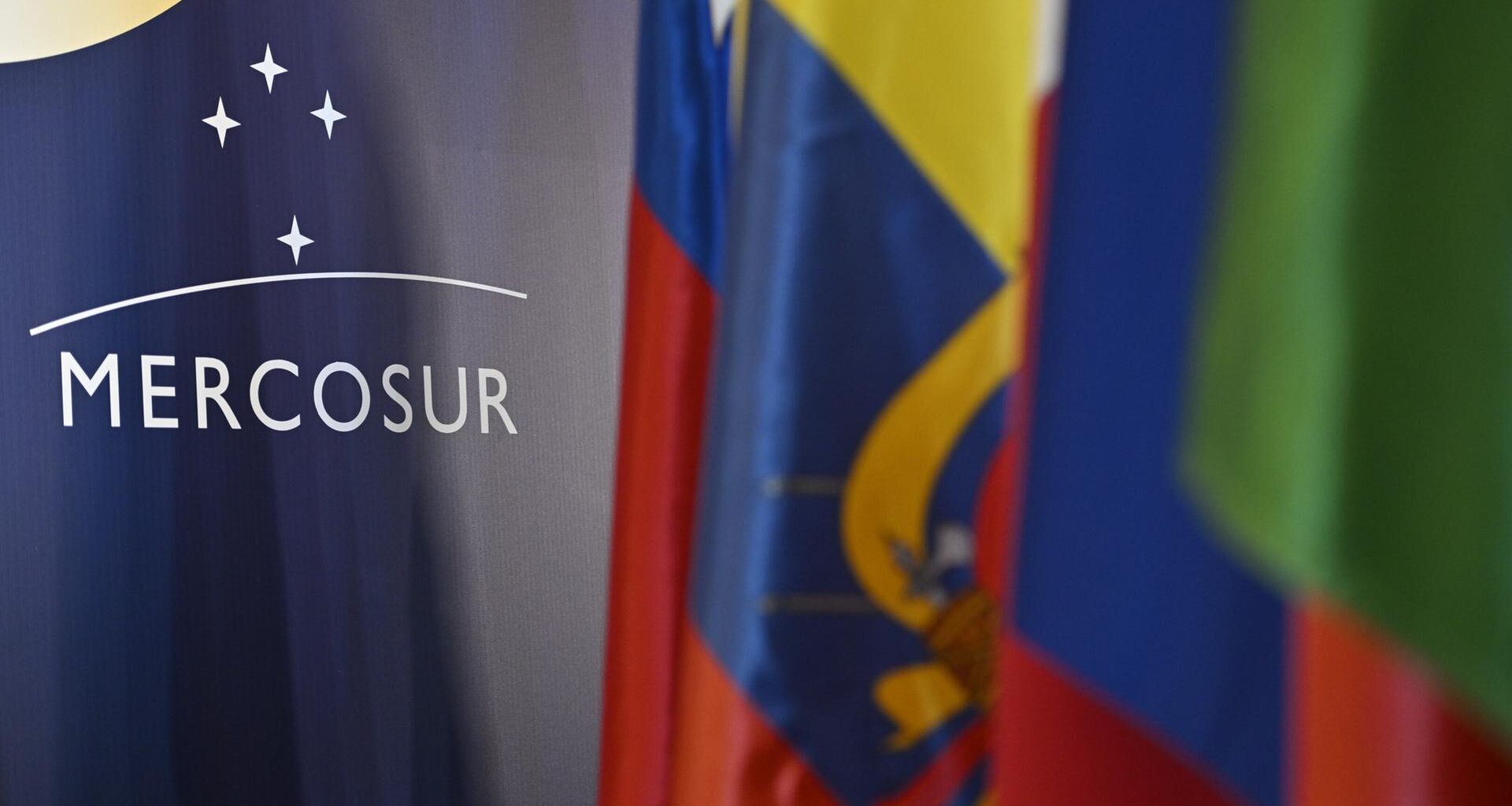 Das Logo des Mercosur ist an einer Wand hinter Flaggen der Mercosur-Mitglieder am Rande eines Gipfels des Wirtschaftsbündnisses zu sehen.