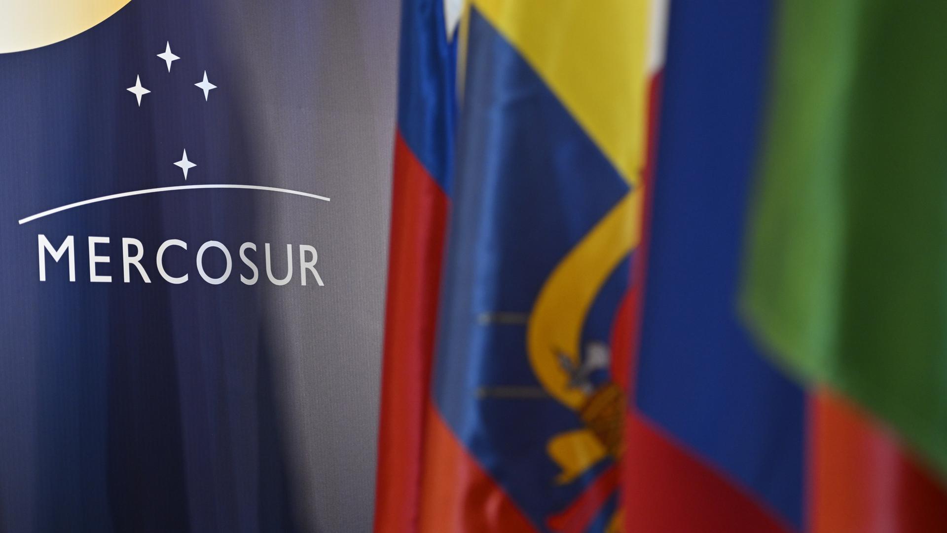 Das Logo des Mercosur ist an einer Wand hinter Flaggen der Mercosur-Mietglieder am Rande des Gipfels des Wirtschaftsbündnisses zu sehen.