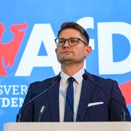 René Springer, Landesvorsitzender der Brandenburger AfD, nimmt am Landesparteitag der AfD Brandenburg teil. (Quelle: dpa/Pleul)