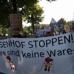 Menschen demonstrieren gegen den Schlachthof von Wiesenhof in Königs Wusterhausen. (Bild: rbb)