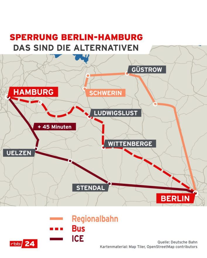 Grafik: Umfahrungsmöglichkeiten der gesperrten DB-Bahnstrecke Berlin - Hamburg. (Quelle: Deutsche Bahn/rbb)