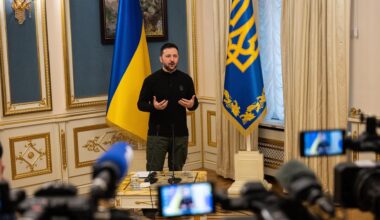 Der ukrainische Präsident Selenskyj steht vor mehreren Pressevertretern und gibt eine Erklärung ab, im Hintergrund sind zwei ukrainische Flaggen zu sehen.