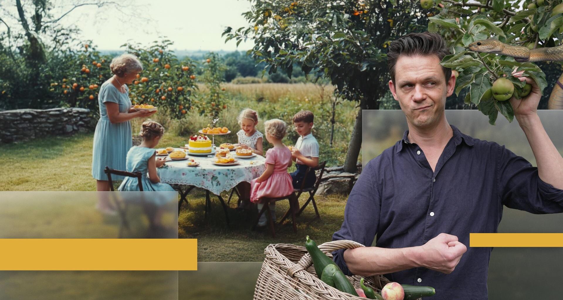 Jo Schück mit Apfelkorb und Familie am Gartentisch in grüner Idylle
