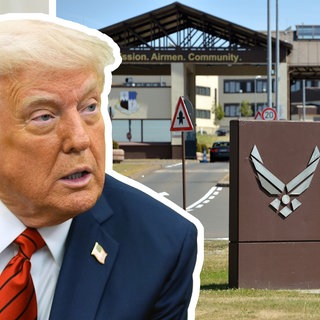 Kollage aus Trump-Portrait und Eingangsbereich der US-Airbase Spangdahlem in der Eifel. (Foto: dpa Bildfunk, Picture Alliance / Alex Brandon / Harald Tittel) Kollage aus Trump-Portrait und Eingangsbereich der US-Airbase Spangdahlem in der Eifel.