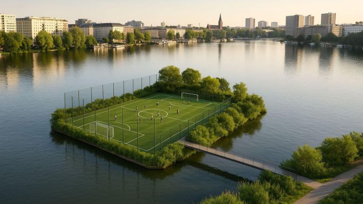 So könnte der zukünftige schwimmende Fußballplatz von Victoria Friedrichshain auf dem Rummelsburger See aussehen (KI/Victoria Friedrichshain)