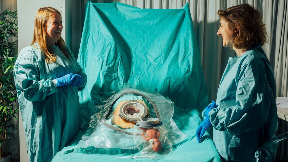 Reproduktionsmedizin: Eindhoven: Die Wissenschaftlerinnen  Myrthe van der Ven (l.) und Juliette van Haren entwickeln eine künstliche Gebärmutter.