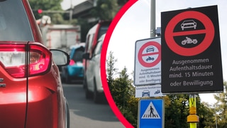 Schilder weisen auf das Durchfahrtsverbot in Birsfelden in der Schweiz hin.