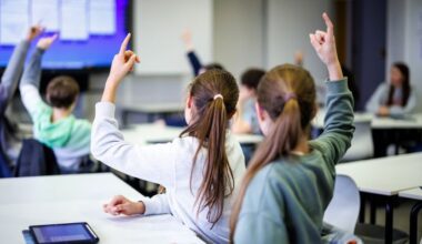 Schüler einer siebten Klasse melden sich in einem in einer Unterrichtsstunde. (Quelle: dpa/Matthias Balk)