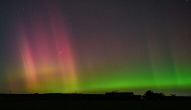 Polarlichter und der Komet Lemmon leuchten am Nachthimmel über der Landschaft im östlichen Brandenburg (Foto: dpa/Patrick Pleul).