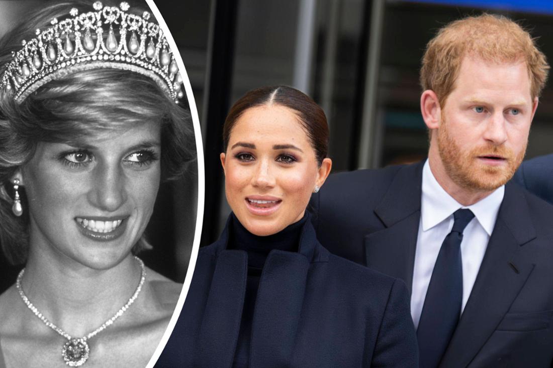  Lächelnd blickt Prinzessin Diana bei einem Staatsbesuch im kanadischen Ottawa (Archivfoto vom 21.06.1983). Meghan Markle, Herzogin von Sussex, und PRINZ HARRY, Herzog von Sussex, besuchen das World Trade Center in Lower Manhattan (Fotomontage)