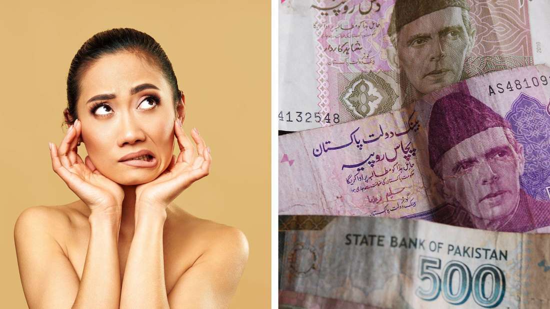 Links euine grübelnde Fraun und recht pakistanische Rupien.