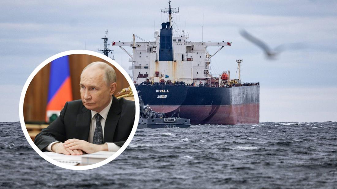 Bildmontage aus Wladimir Putin und einem mutmaßlichen Schiff der Schattenflotte.