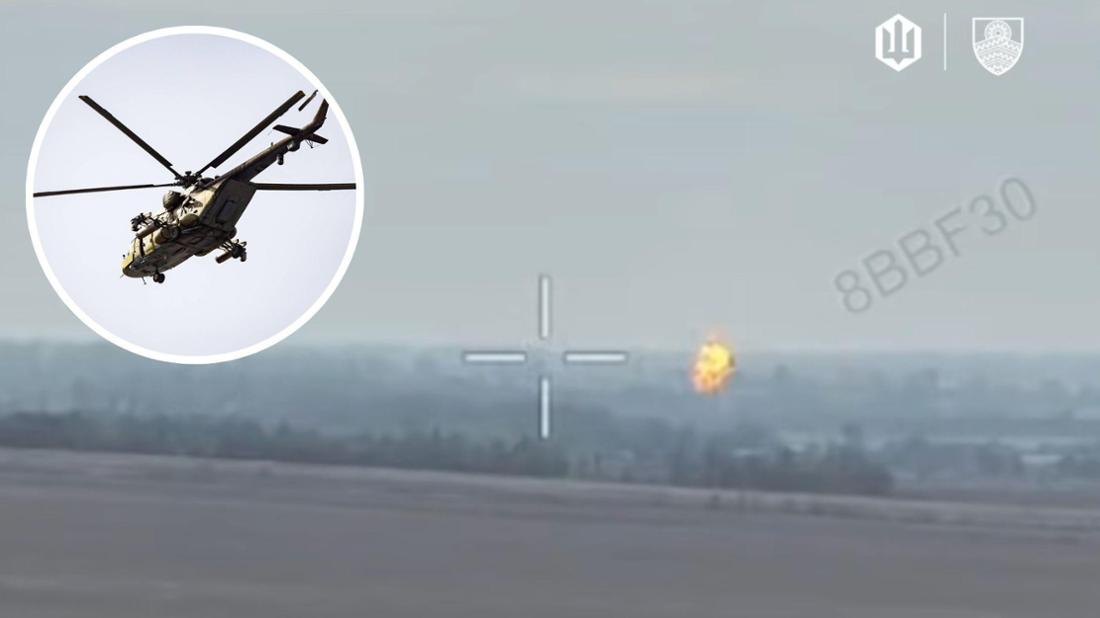 Montage: Screenshot einer Aufnahme der 59. Brigade, die den Abschuss eines russischen Helikopters zeigen soll; Nahaufnahme eines Mi-8-Helikopters. 