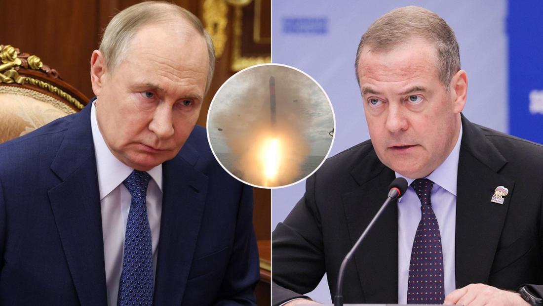 Wladimir Putin (l.) und Dmitri Medwedew sitzen und gucken, Marschflugkörper wird abgefeuert