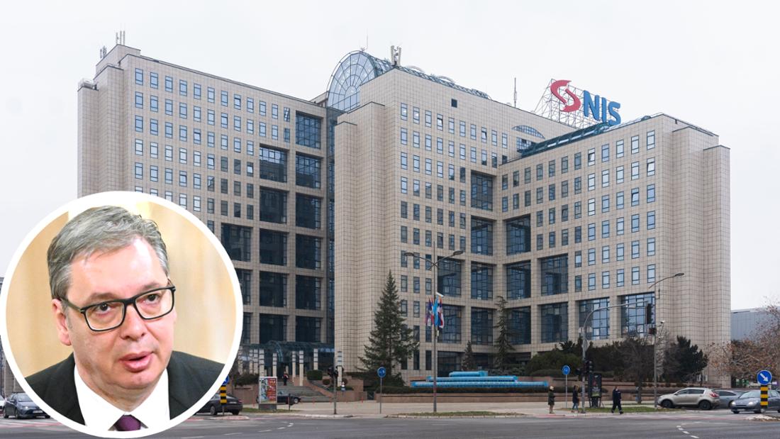 Das Hauptverwaltungsgebäude der Ölindustrie Serbiens (NIS) in Novi Sad und Serbiens Präsident Aleksandar Vučić.