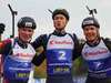 Biathlon: Eric Perrot (Mitte) gewinnt die Saisoneröffnung im Olympiapark vor Isak Frey (links) und Justus Strelow.
