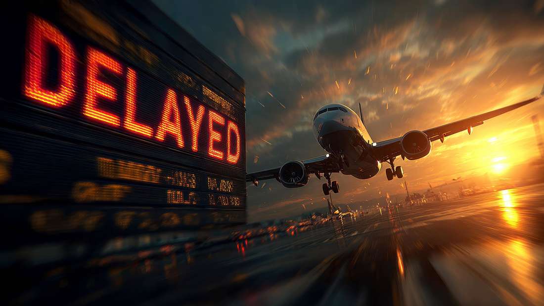 Schriftzug „Verzögert“ in roter LED-Schrift mit einem Verkehrsflugzeug, das bei Sonnenaufgang auf einer Landebahn landet, im Hintergrund.