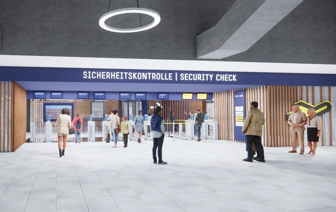 Visualisierung der neuen Sicherheitskontrolle am Terminal 1 am Flughafen Köln/Bonn.