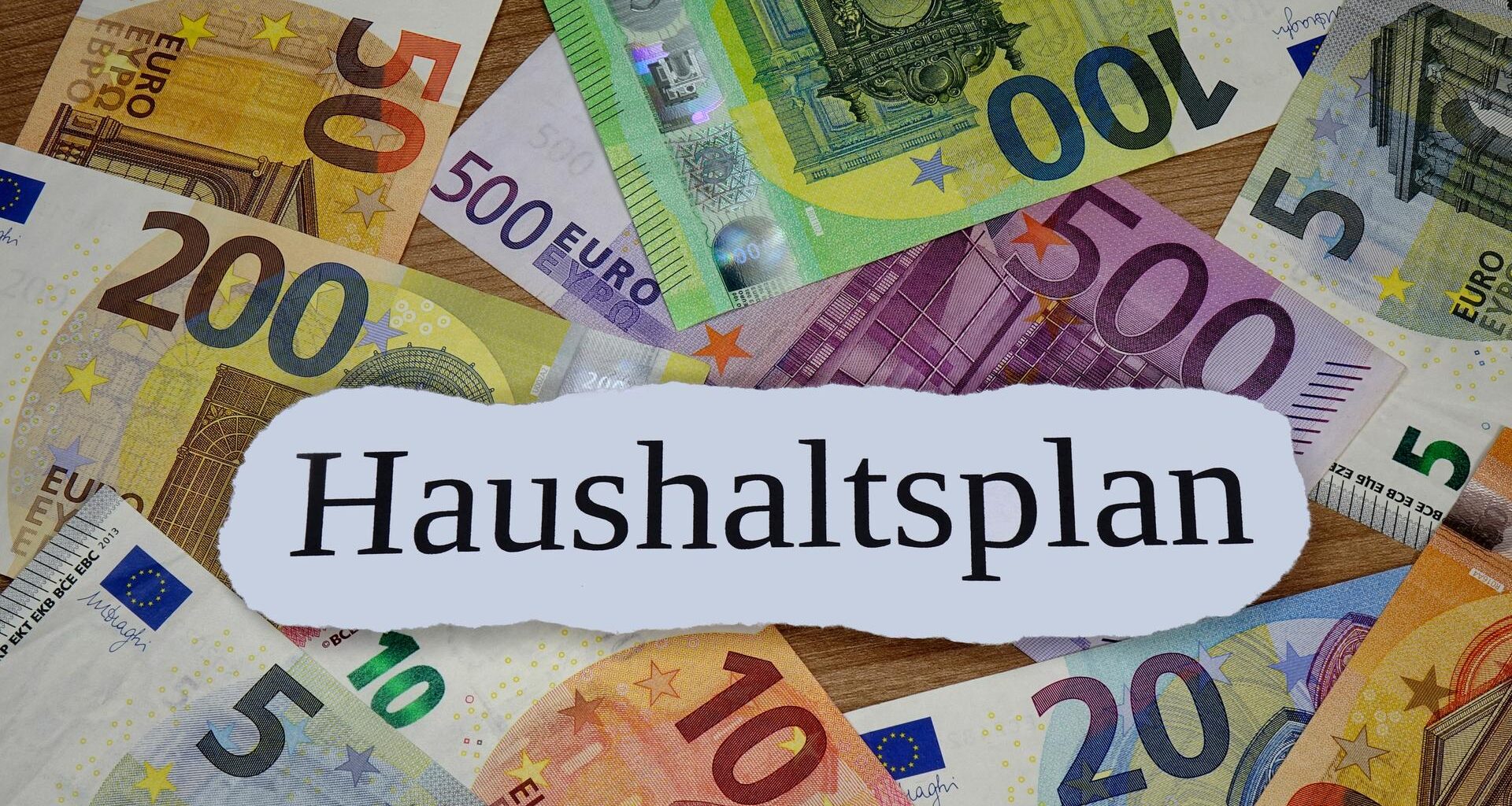 Auf verschiedenen Geldscheinen befindet sich der Schriftzug Haushaltsplan.