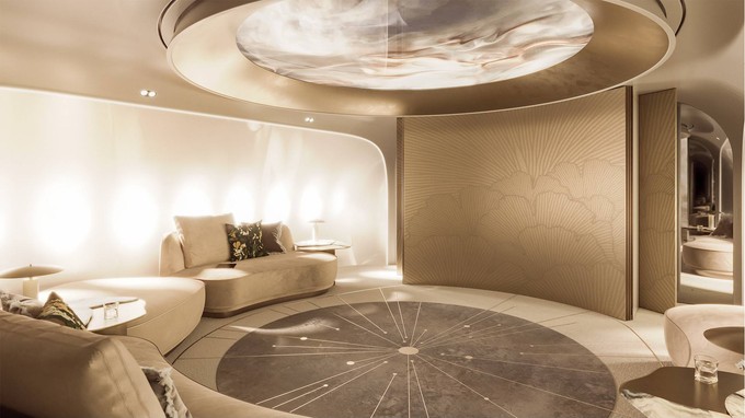 Luxus-Kabine für den Airbus A350, entworfen von Priestman Goode: So sieht es in der Lounge aus.