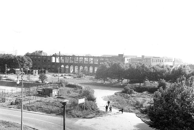 Das historische Bild zeigt die Ruine der Westfalenhalle nach dem Zweiten Weltkrieg.