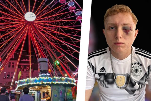 Montage: Links ein Bild der Castroper Herbstkirmes mit dem Riesenrad, rechts Finn Mäder mit seinem zugeschwollenem, blutunterlaufenden linken Auge.