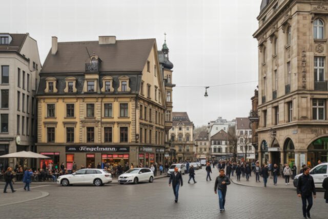 Das KI-animierte Bild zeigt eine Straßenszene vor der Adlerapotheke.