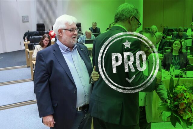 Auf einer Grafik ist die Szene zu sehen, in der Dortmunds Oberbürgermeister Thomas Westphal dem AfD-Vertreter Heiner Garbe den Handschlag verweigert. Darüber steht auf grünem Grund: „Pro“.