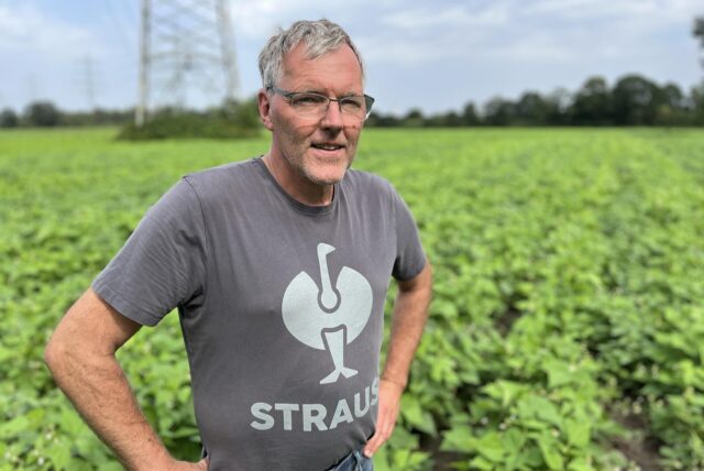 Dirk Feldhaus steht vor einem Feld mit Bohnenpflanzen.
