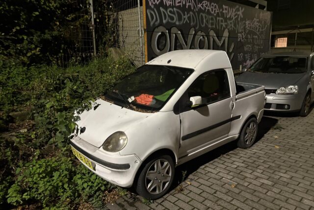 Dieses Leichtfahrzeug in Dortmund-Eving steht verdreckt und von Pflanzen zugewuchert am Rande der Derner Straße.