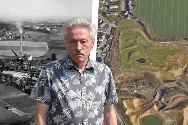 Bilkombo: im Hintergrund links die Zeche Amalia in Holte-Kreta zwischen 1926 und 1938, rechts der Golfplatz im Jahr 2025, im Vordergrund Robert Backhaus.