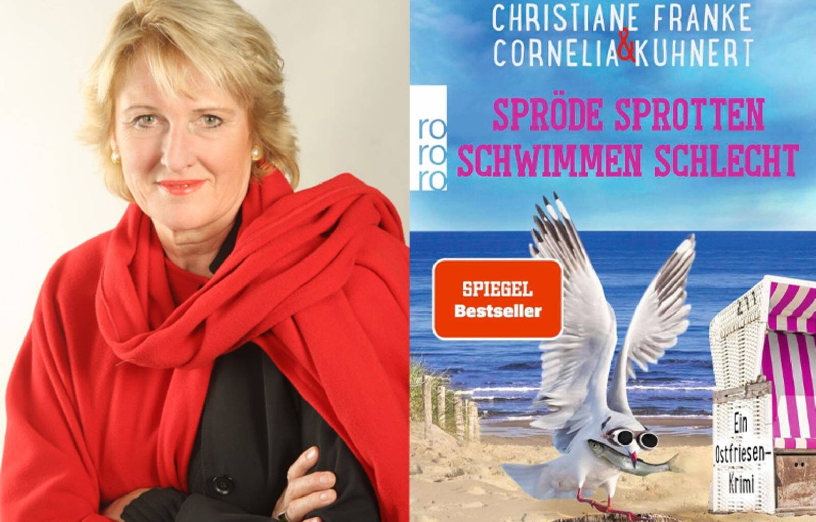 Bildcollage von Cornelia Kuhnert und ihrem Buch „Spröde Sprotten schwimmen schlecht“