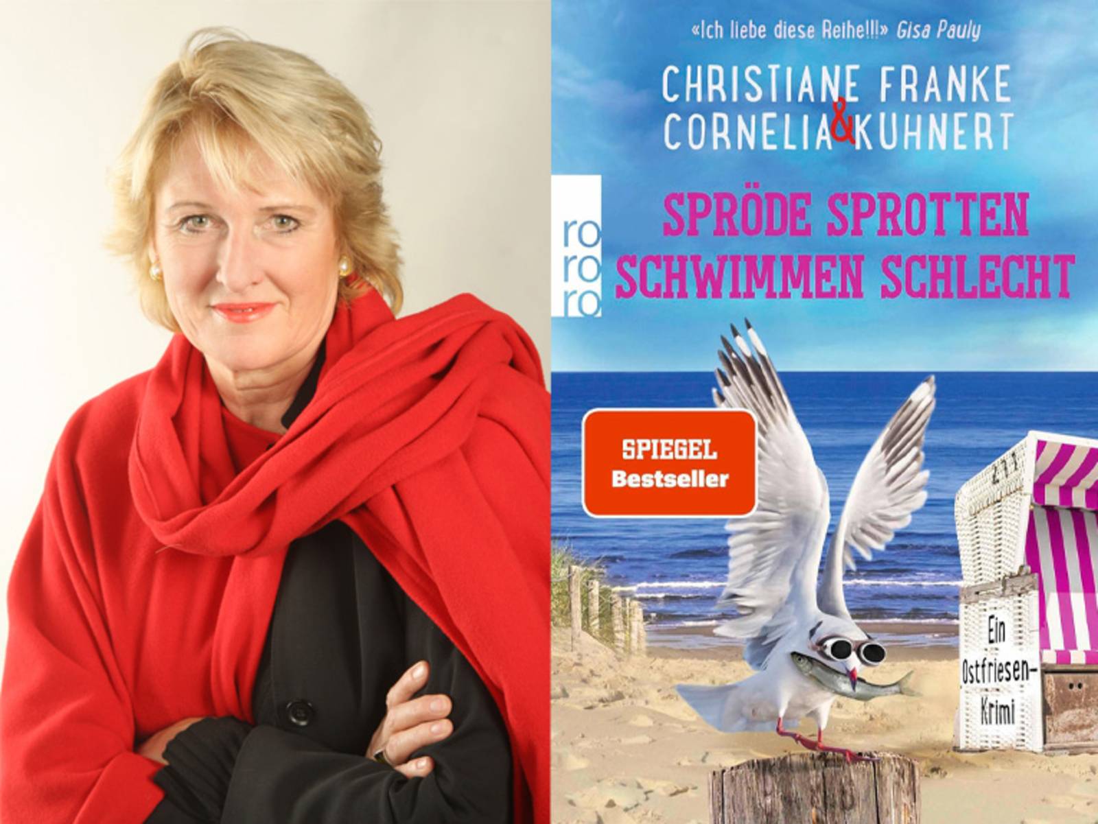 Bildcollage von Cornelia Kuhnert und ihrem Buch „Spröde Sprotten schwimmen schlecht“