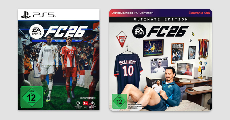 Jude Bellingam, Jamal Musiala und Zlatan Ibrahimovic sind die Testimonials für EA Sports FC 26 (Abbildungen: Electronic Arts)