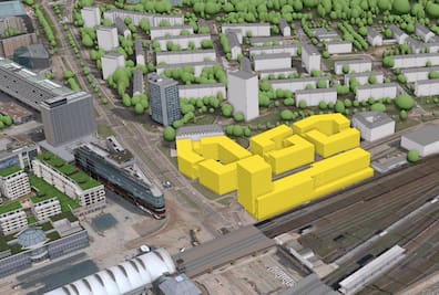 Das neue Ensemble erstreckt sich vom Bahndamm bis zur Sidonienstraße sowie von der St. Petersburger Straße bis zur Ausfahrt des Wiener Tunnels (Wiener Straße).