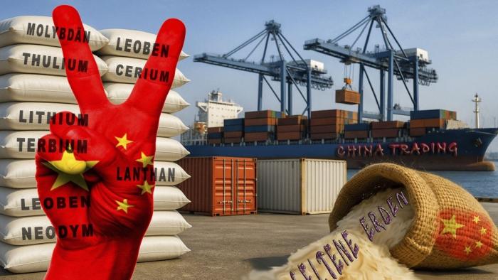 Symbolbild zeigt Hand mit Victory-Zeichen und gewandet in Farben der chinesischen Flagge vor einem Hafen mit Exportgütern.