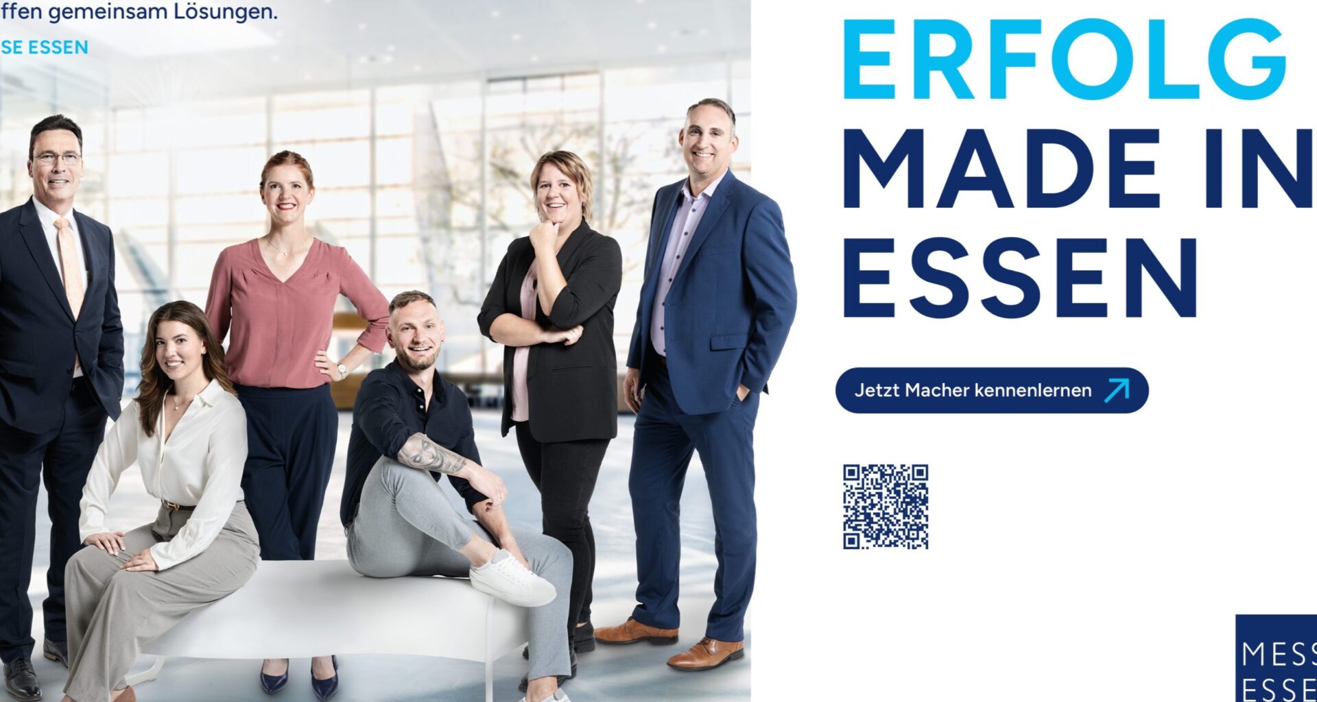 Sechs Personen in Business-Kleidung posieren für Messe Essen Kampagne