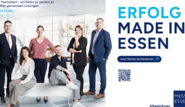 Sechs Personen in Business-Kleidung posieren für Messe Essen Kampagne