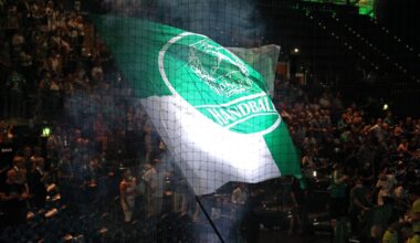Eine große grün-weiße Fahne mit dem Vereinswappen des SC DHfK Handball wird in der abgedunkelten Halle von einem Lichtstrahl erleuchtet. Foto: Jan Kaefer
