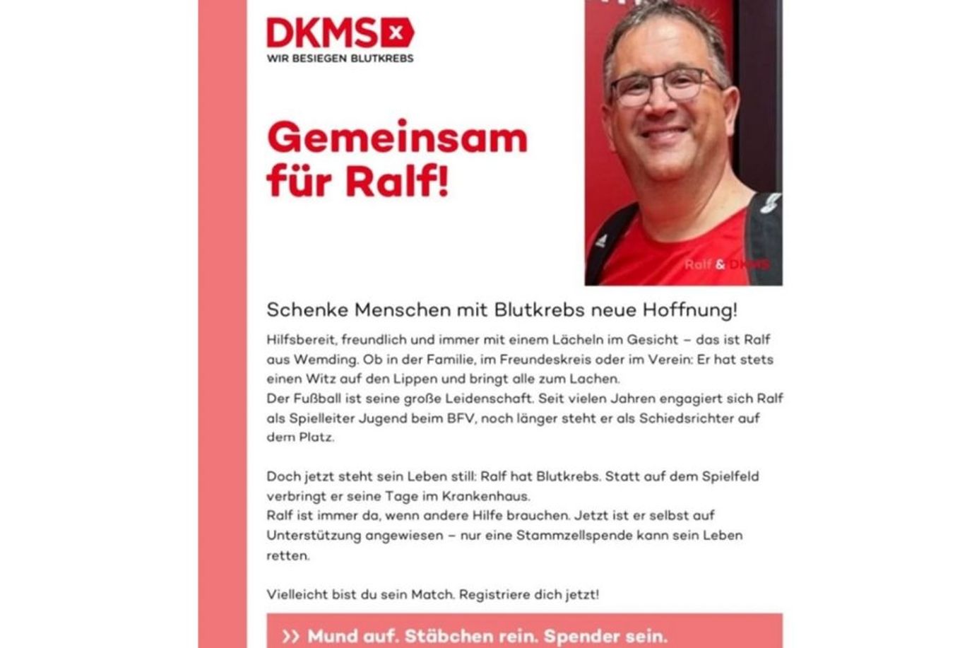 Bezirk Schwaben: DKMS-Aufruf Ralf Vogel | BFV