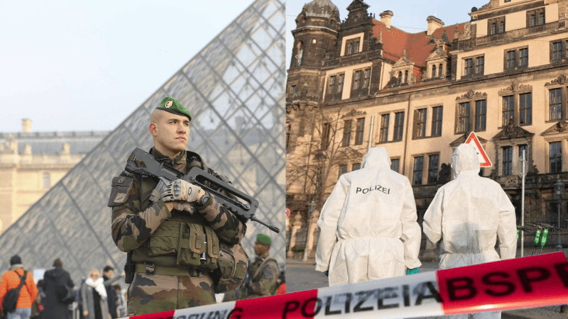 Ein bewaffneter Soldat im Immenhof des Louvres (links), daneben die Spurensicherung vor dem Residenzschloss nach dem Einbruch ins Grüne Gewölbe (Bildmontage). Ein bewaffneter Soldat im Immenhof des Louvres (links), daneben die Spurensicherung vor dem Residenzschloss nach dem Einbruch ins Grüne Gewölbe (Bildmontage).