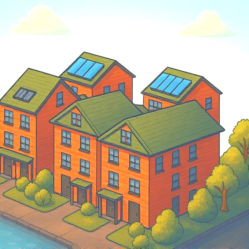 Mehrfamilienhäuser mit begrünten Dächern und Photovoltaikanlagen auf dem Dach.