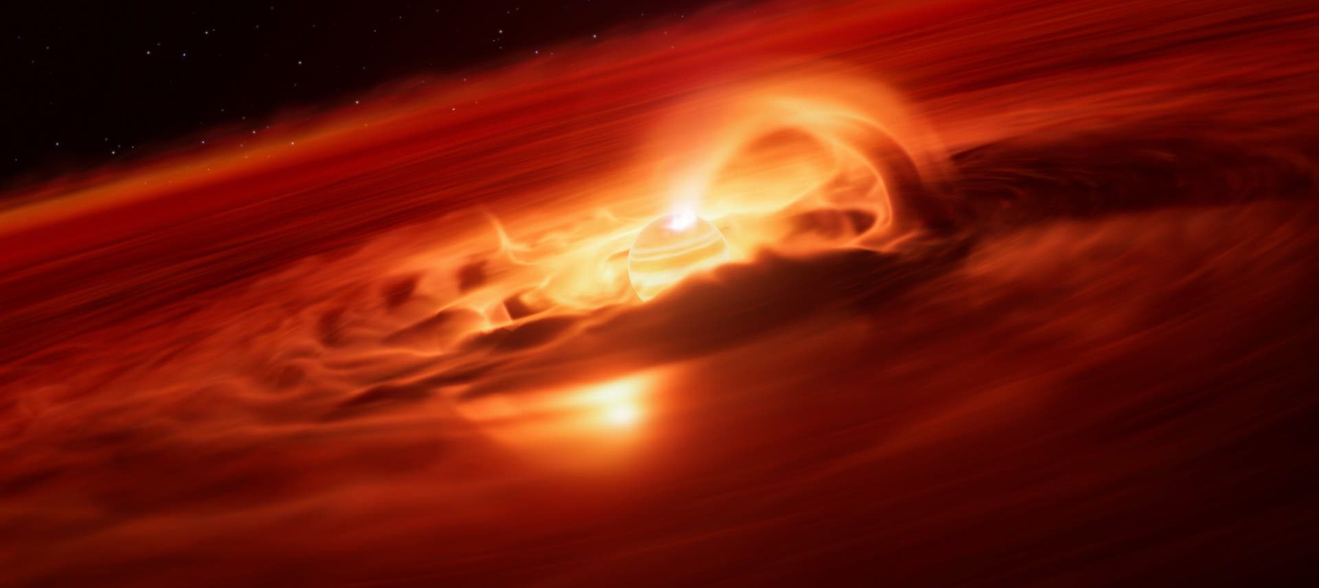 Illustration eines Planeten, der von einer rotierenden, leuchtenden Akkretionsscheibe aus Gas und Staub umgeben ist. Die Szene zeigt intensive orange und rote Farbtöne, die die Hitze und Energie des Prozesses darstellen. Im Hintergrund sind Sterne im Weltraum sichtbar. Diese Darstellung veranschaulicht das Wachstum eines Planeten und die Dynamik der umgebenden Materie.